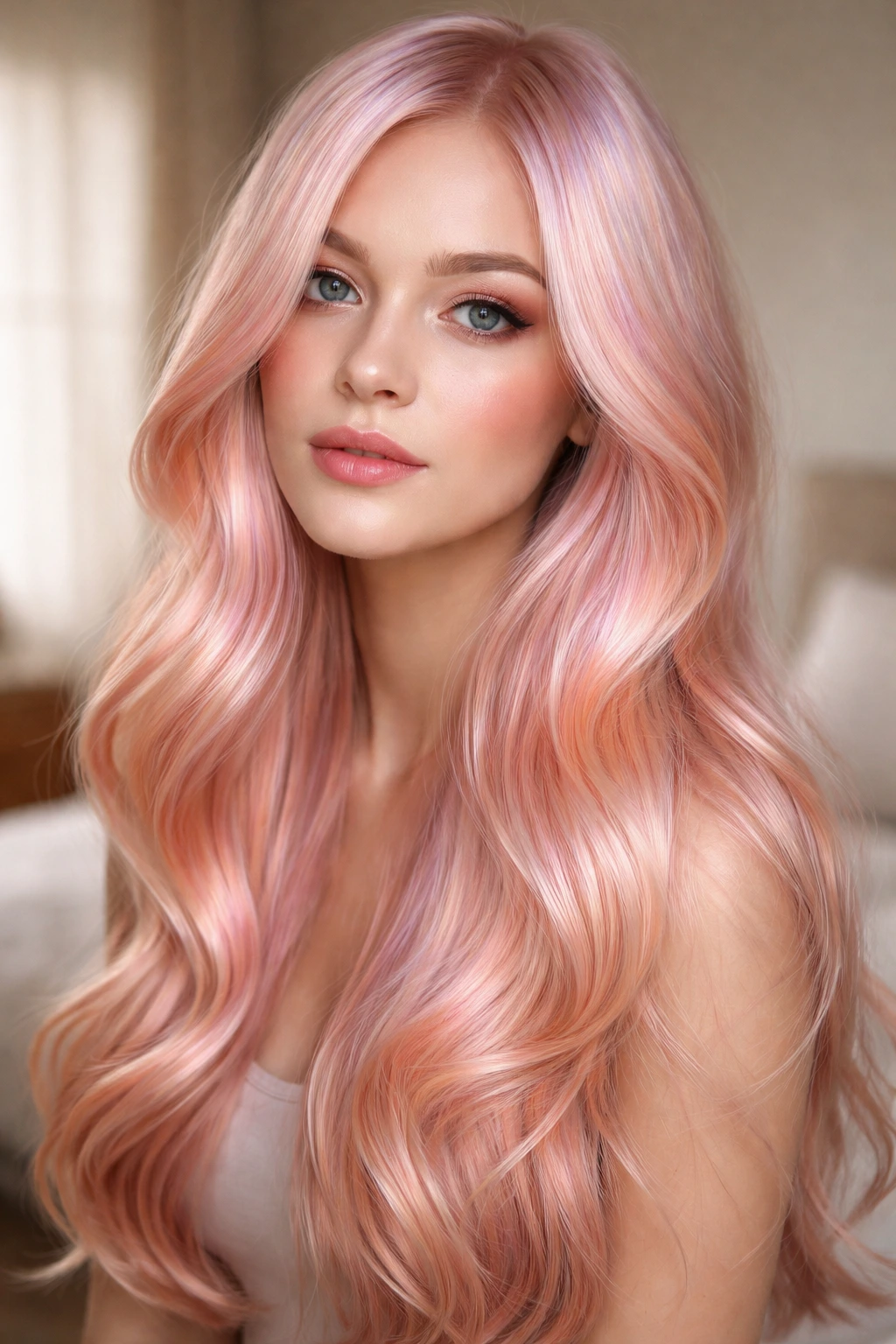 Close-up portrait of a real woman with iridescent peachy-pink hair reflecting light