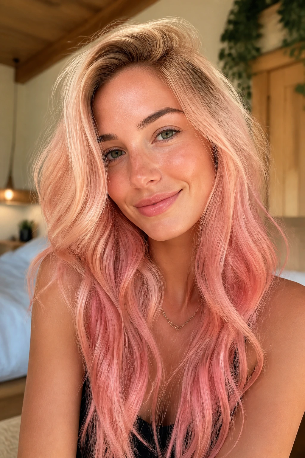 Close-up of a real woman with peachy pink melt ombre on long hair, warm skin tones.