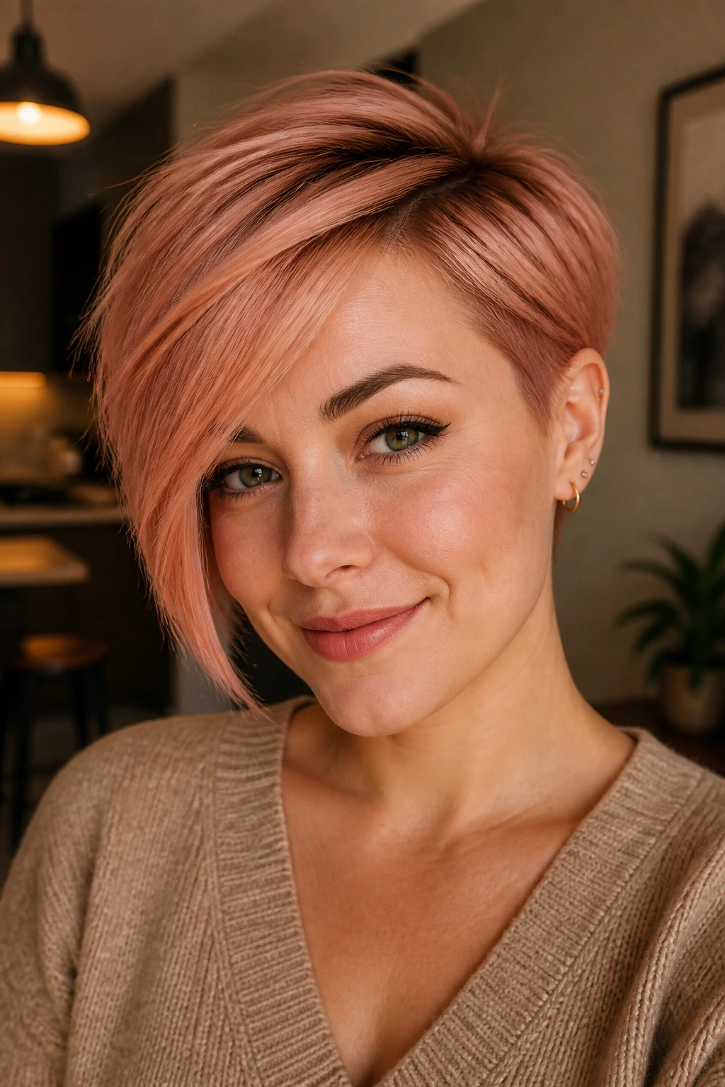 Close-up of a real person with peachy pink pixie-bob hairstyle