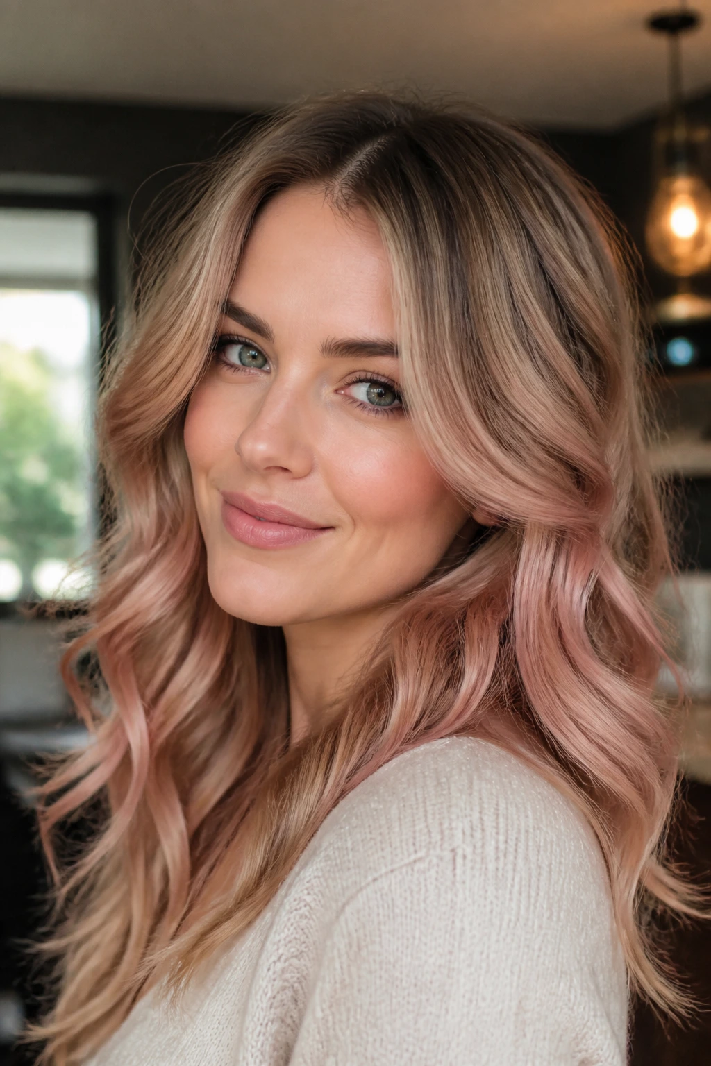 Close-up of a real woman with peachy rose color on dark blonde base in soft light.