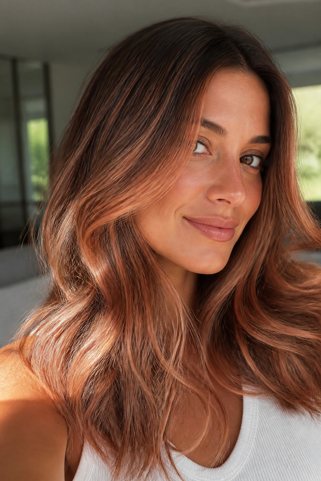 Close-up of soft brown hair with peachy strawberry highlights on a real person