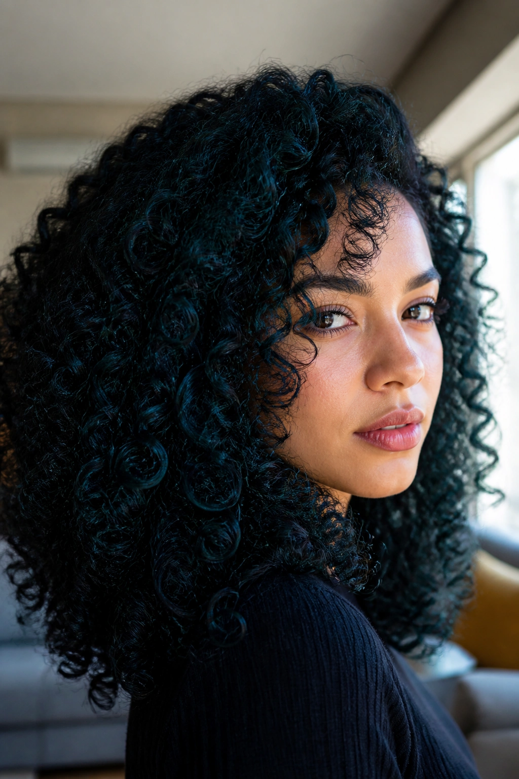 Close-up portrait of real person with peacock blue-black curls catching light