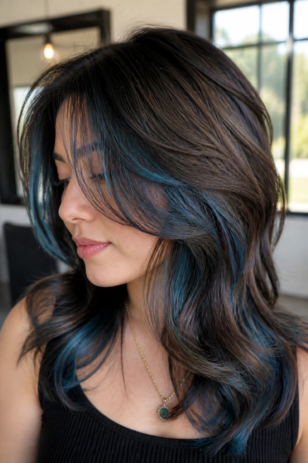 Layered brown hair with peacock blue highlights peeking through