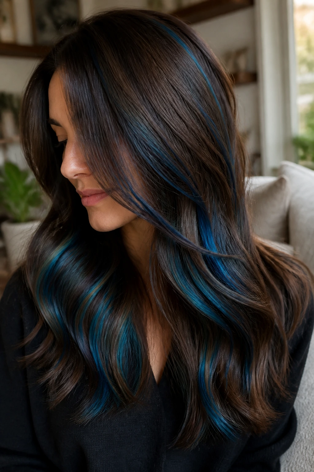 Long brown layered hair with peacock blue ribbons woven through