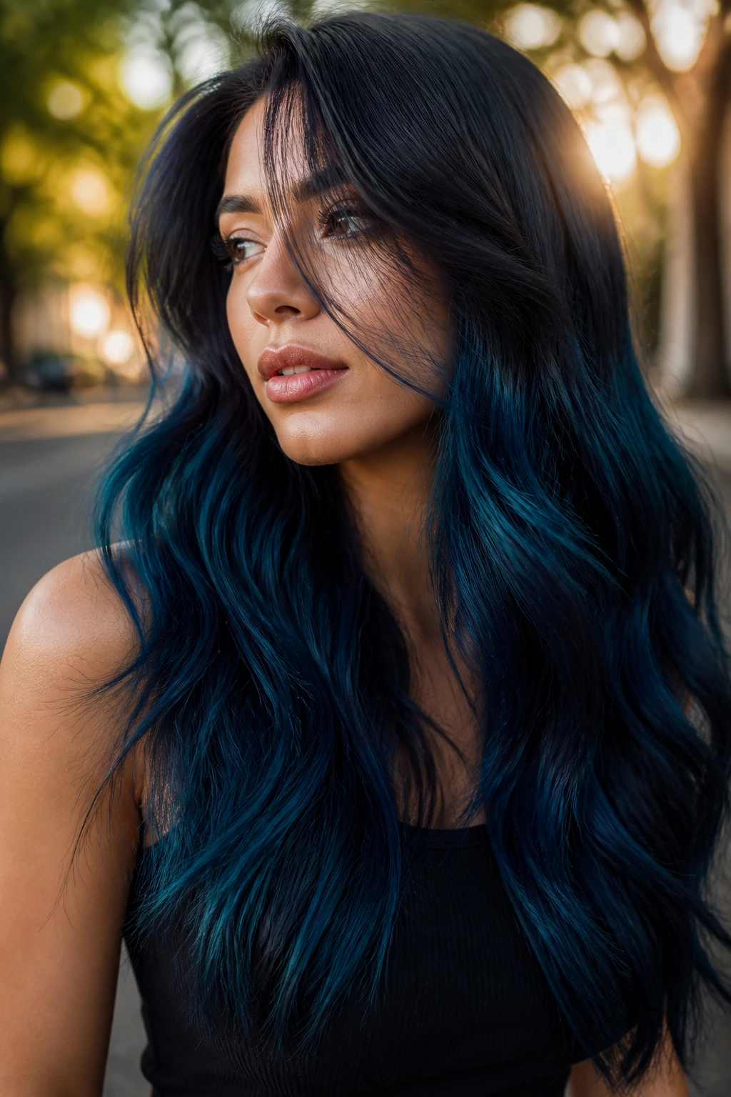 Real woman with peacock blue waves in brown hair in sunny outdoor setting
