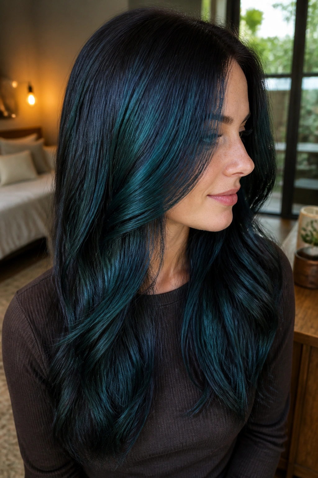 Portrait of a person with peacock green gloss on espresso brown hair