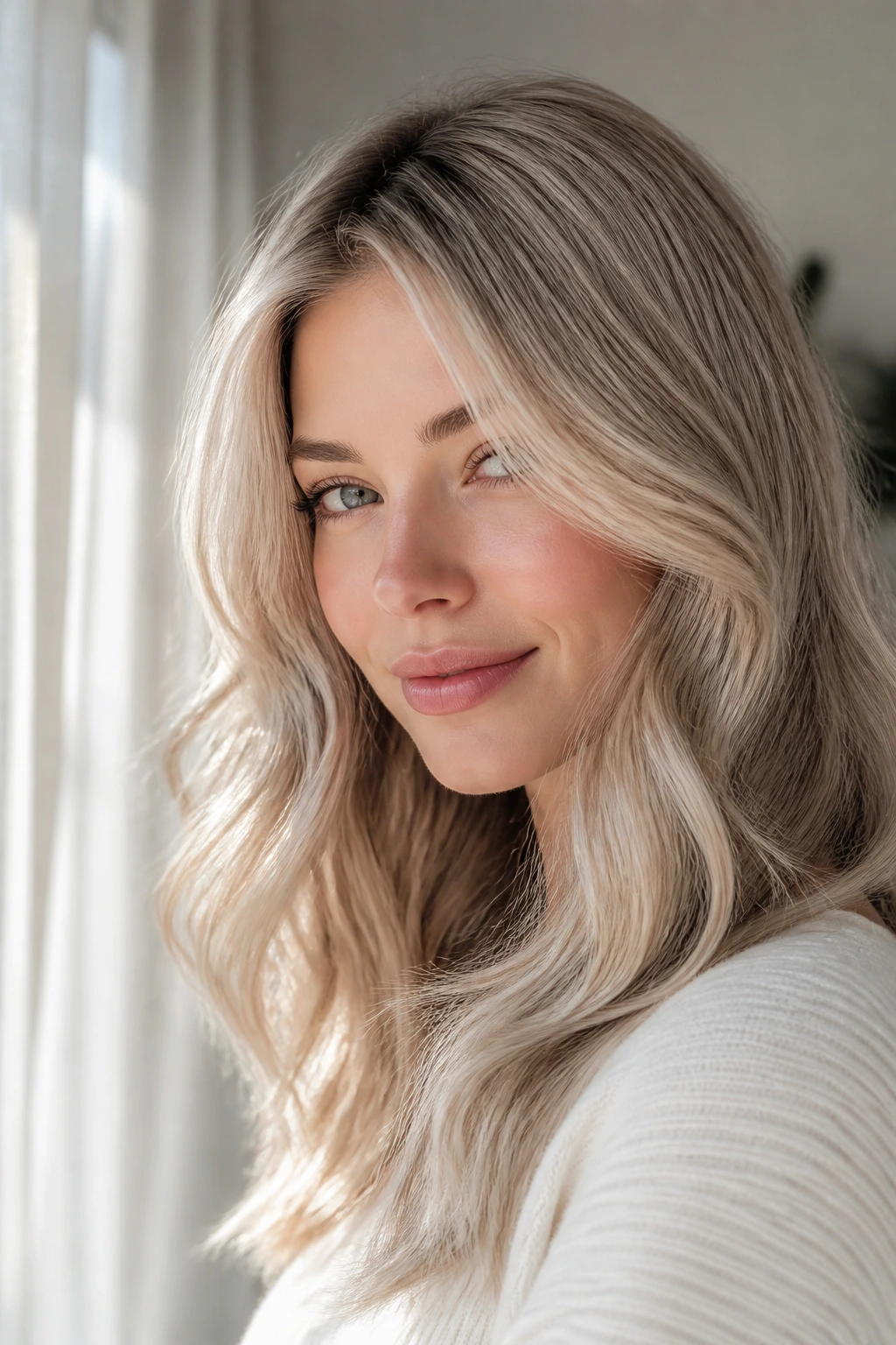 Close-up of a real woman with pearl ash blonde and cool skin tones in sunlit room.