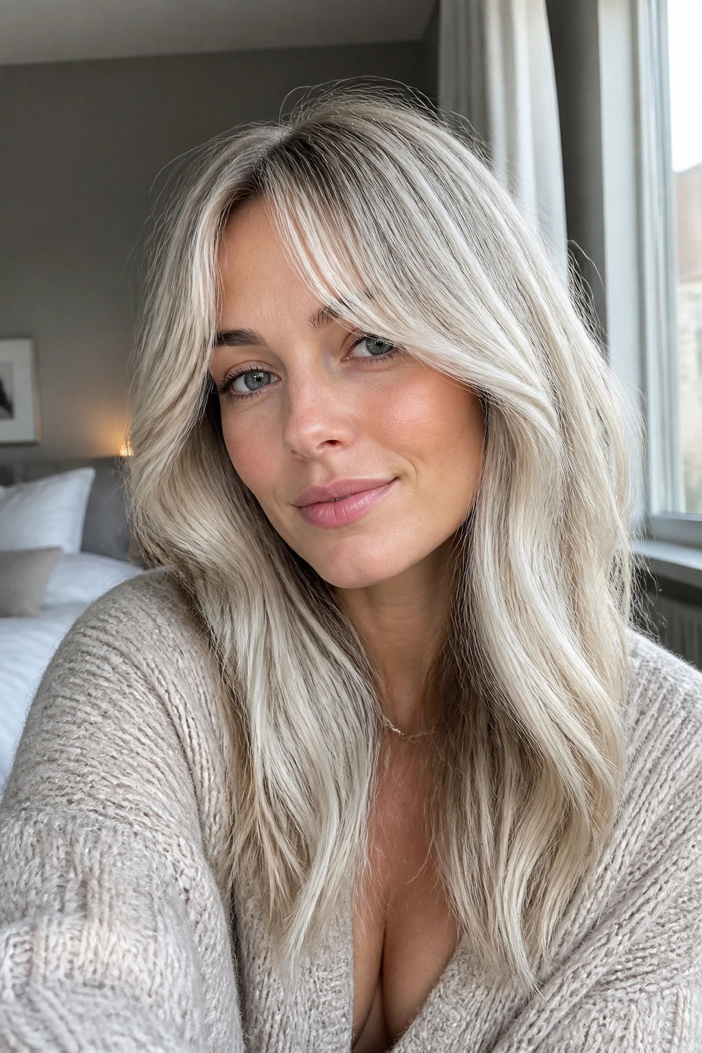 Portrait of a woman with pearl ash blonde hair and curtain bangs