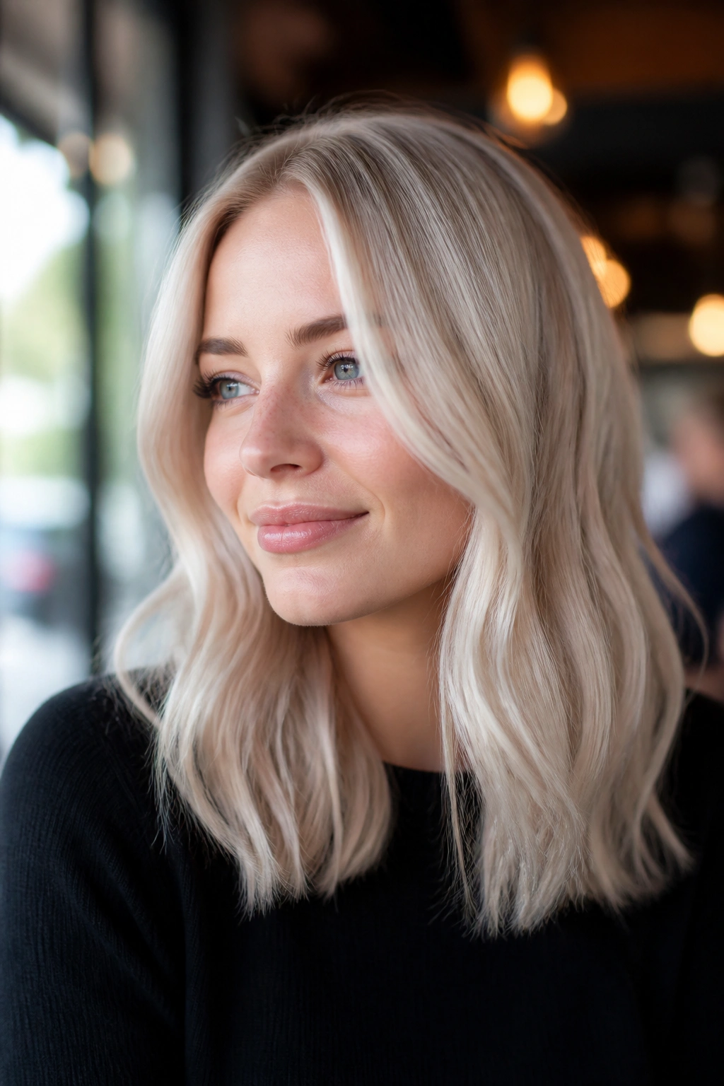 Close-up portrait of a woman with pearl ash blonde hair in soft daylight