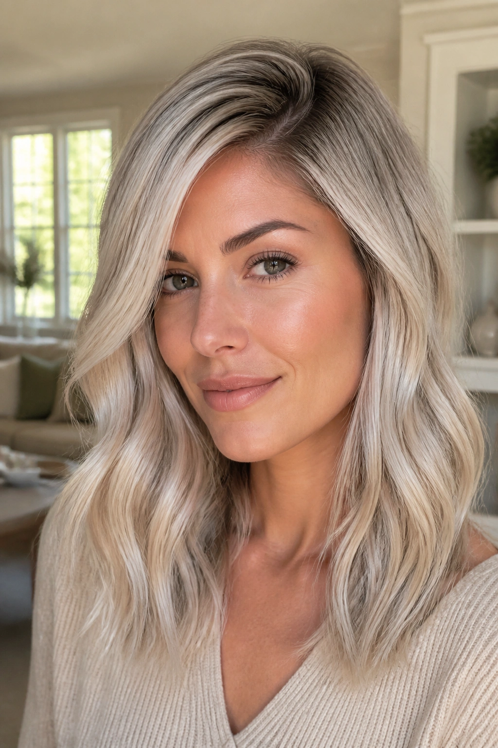 Portrait of a woman with rooted pearl ash blonde and side part