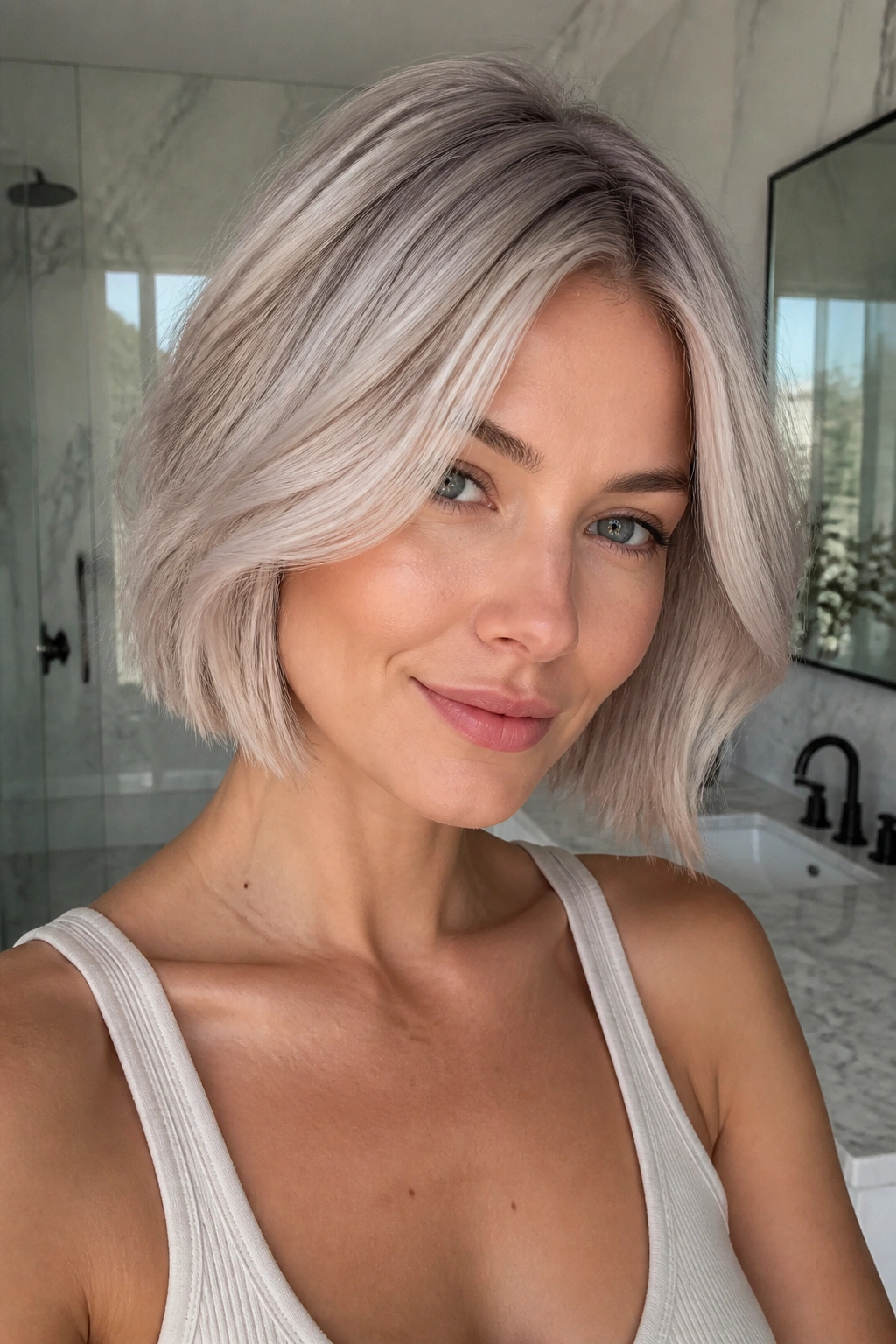 Close up portrait of a real woman with pearl ash blonde glossy bob
