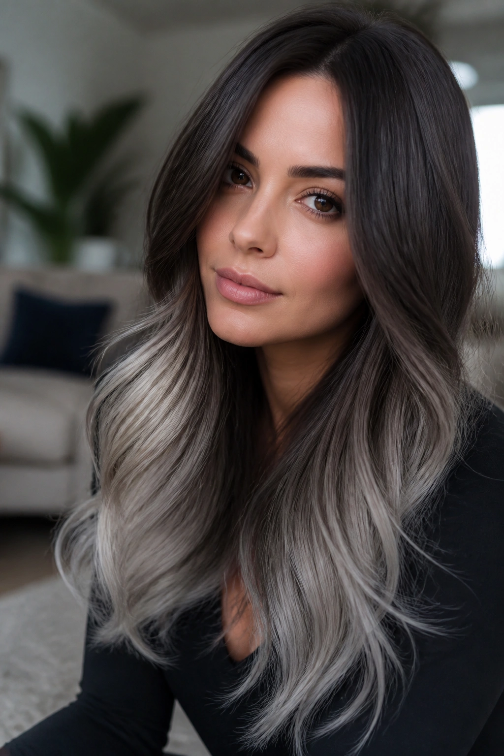 Close-up of smoky brunette with pearl ash ends on long hair