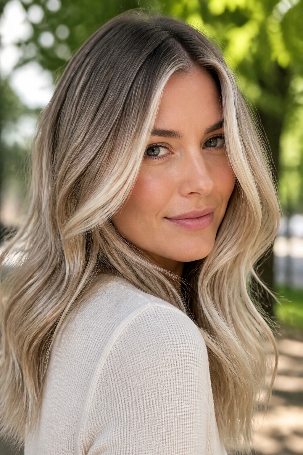 Close-up portrait of a real woman with pearl balayage highlights for cool skin tones