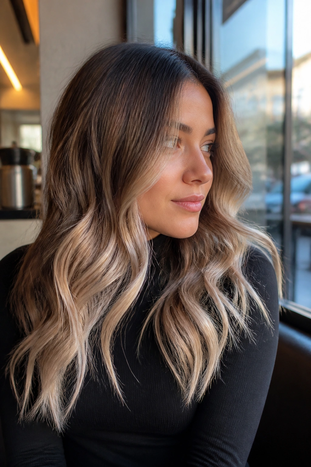 Warm brunette base with soft pearl balayage from cheekbone to ends