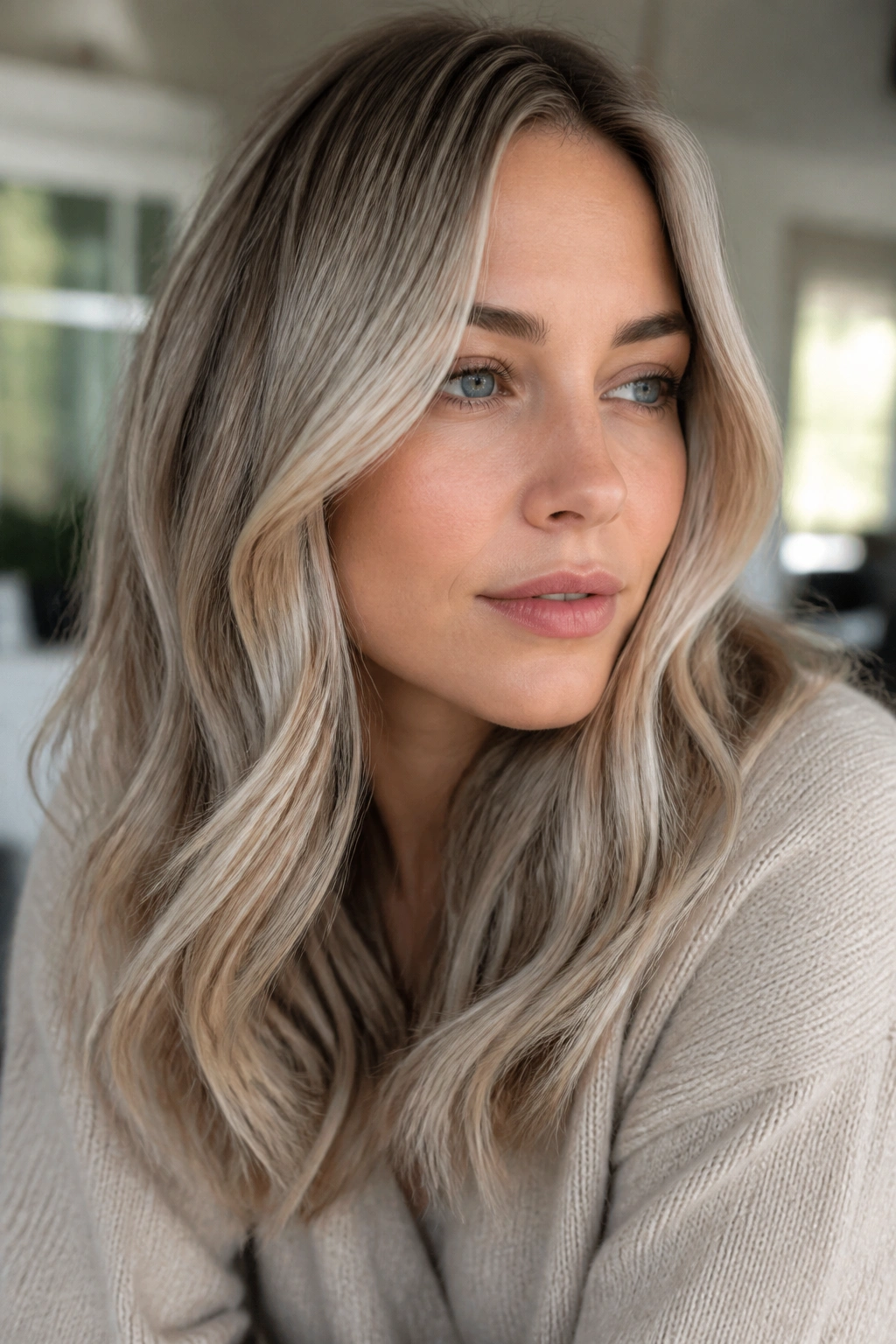 Close-up of real woman with pearl beige blonde and caramel lowlights around crown and underlayers