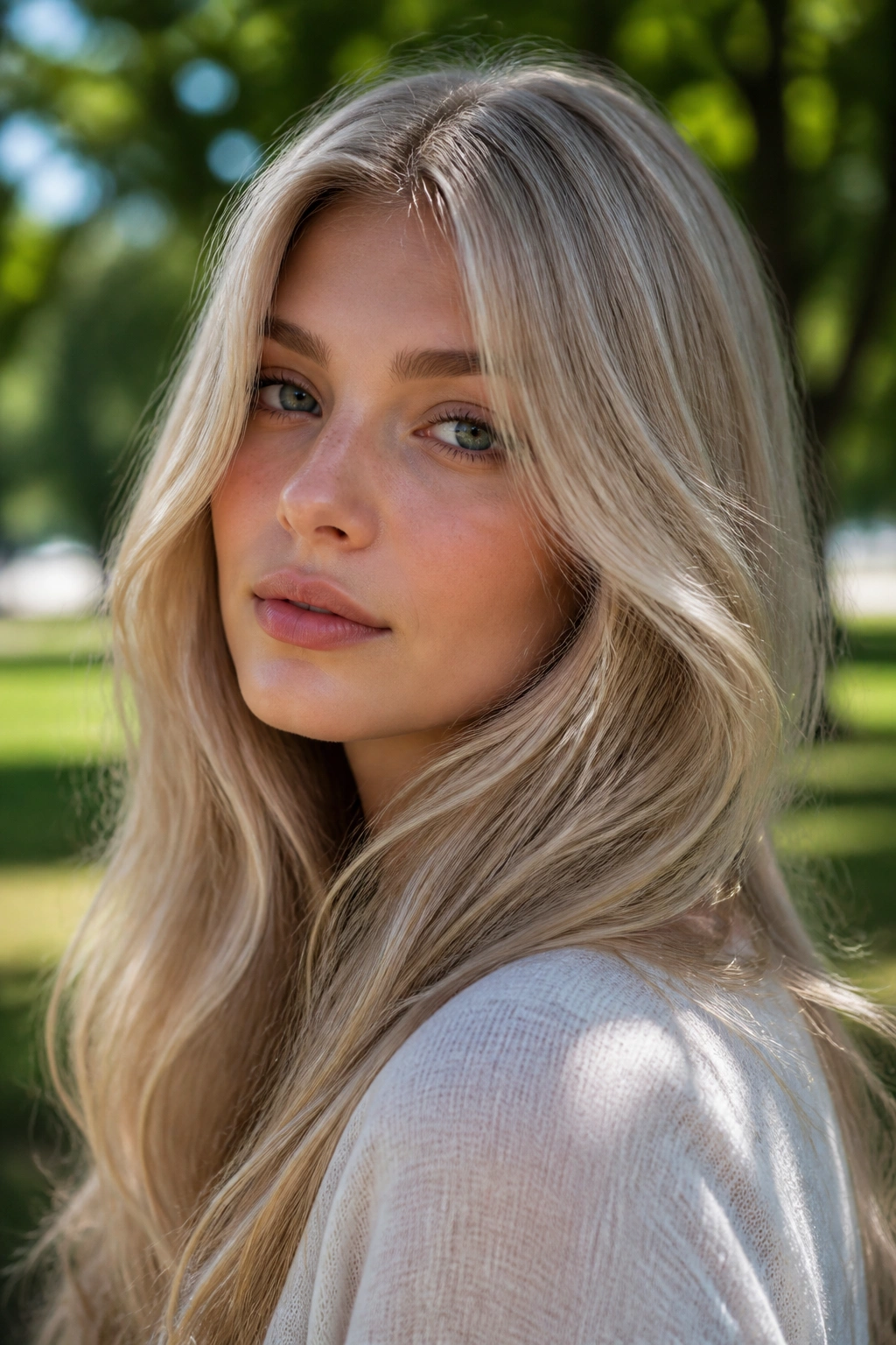 Close-up portrait with pearl beige blonde and sheer glow in daylight