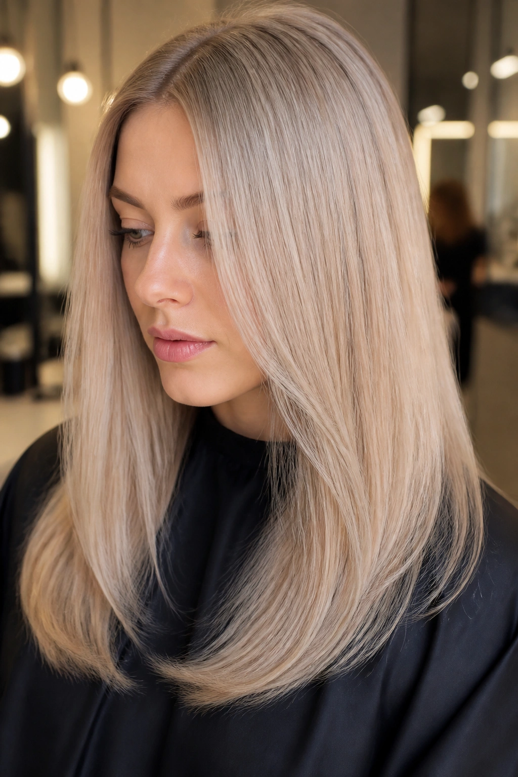 Close-up of a real woman with pearl beige blonde hair in a salon