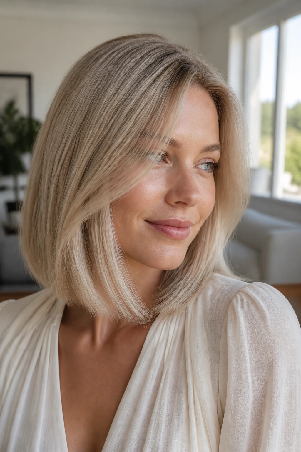 Portrait of a real person with pearl beige blonde on a mid-length lob, shell-like sheen