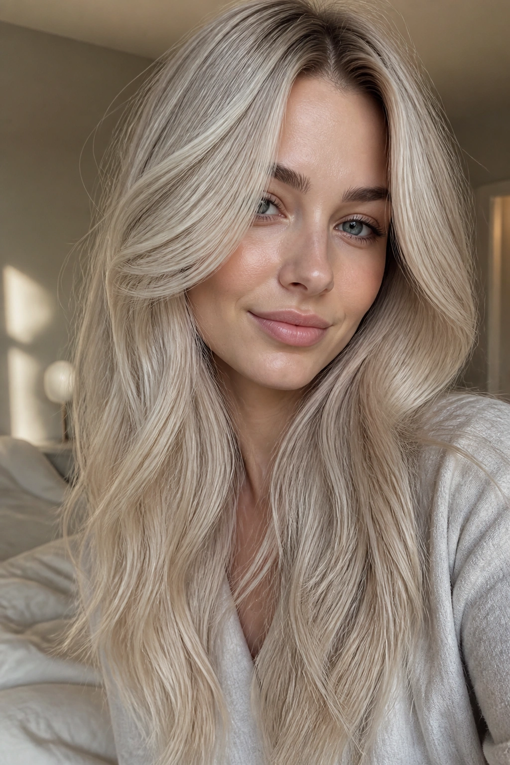 Portrait of a real woman with pearl beige blonde hair in soft waves, lit by natural window light.