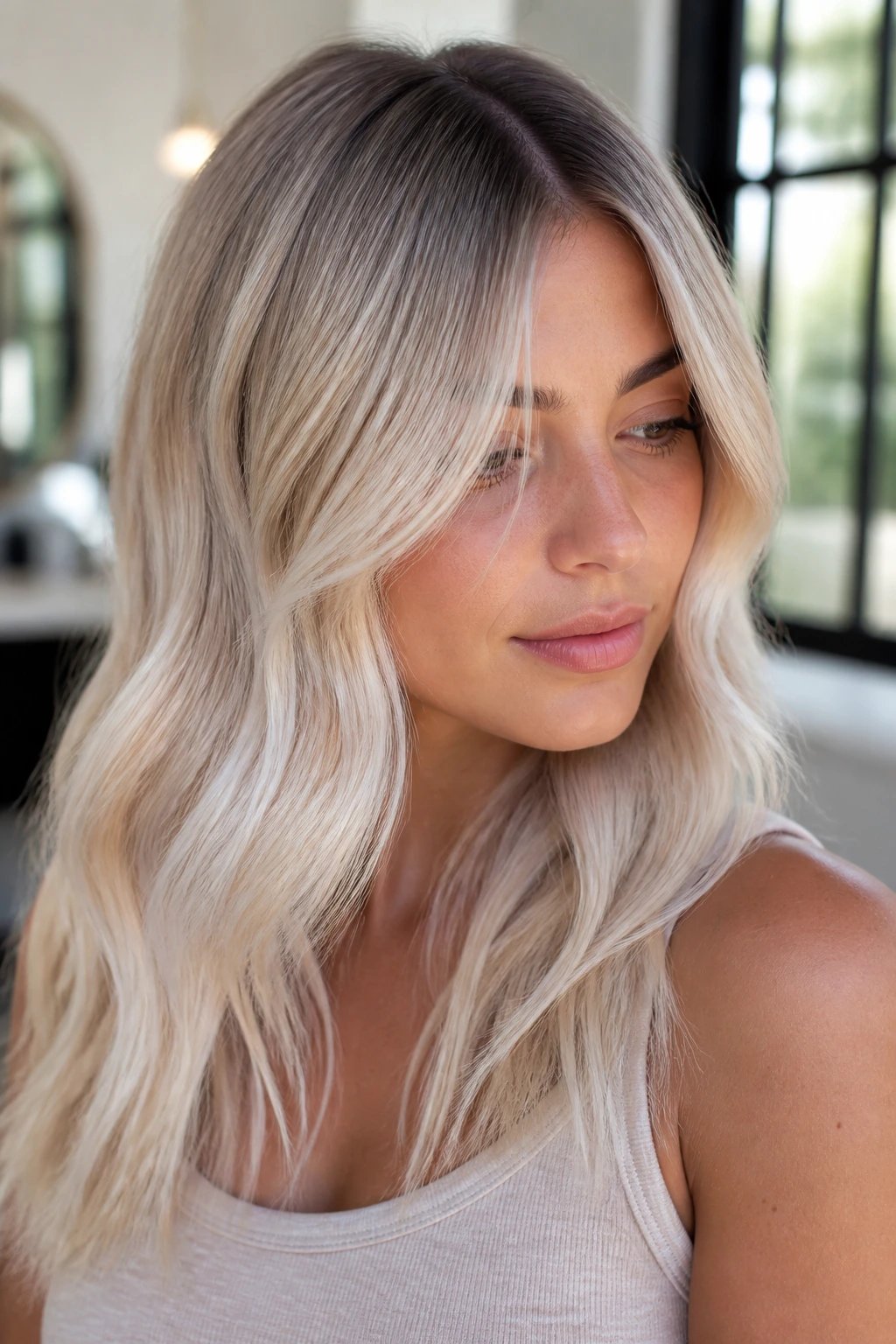 Portrait of a real person with pearl beige blonde and a soft shadow root under window light.