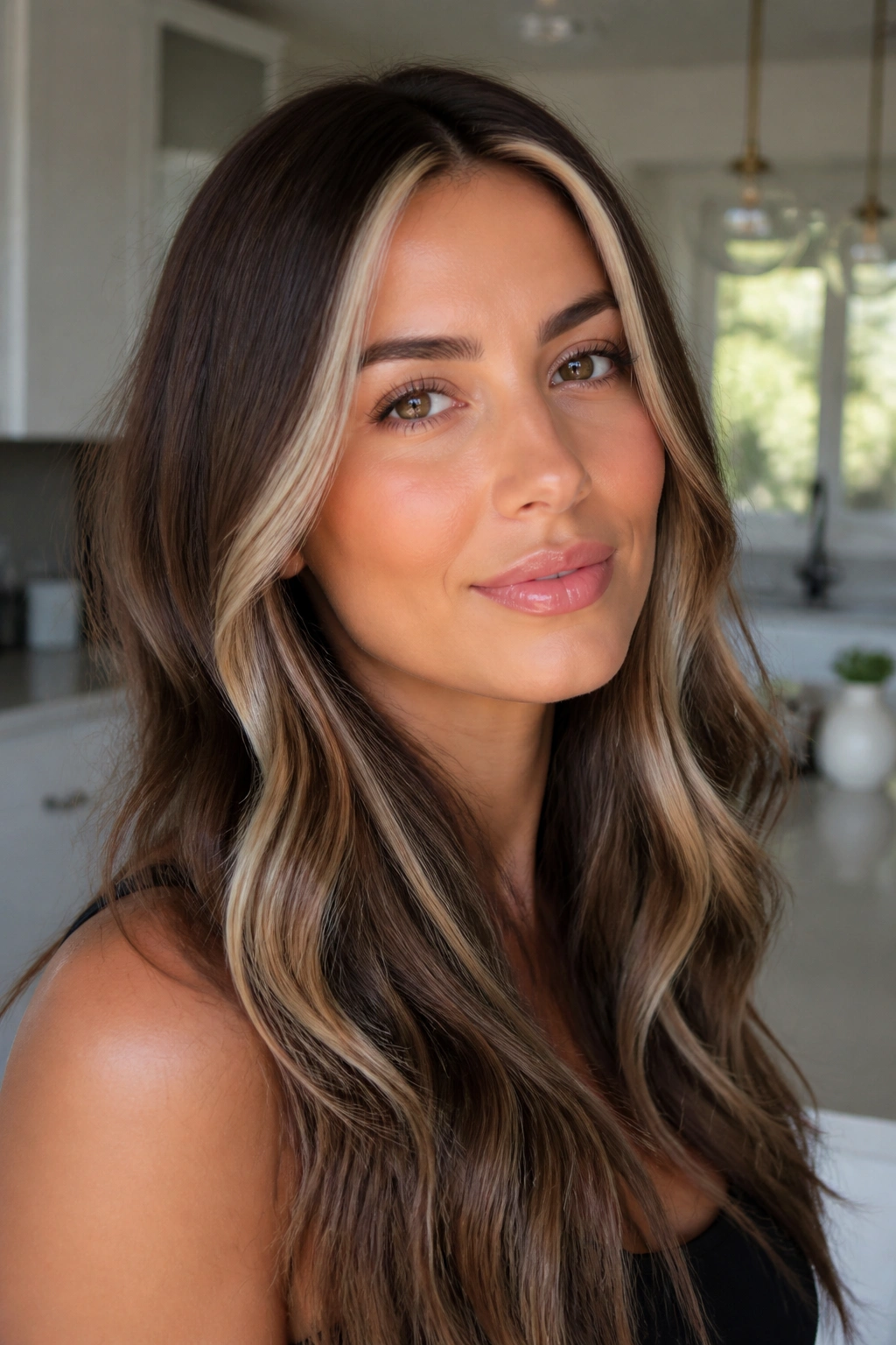 Close-up portrait of a real woman with pearl beige money piece on brunette hair