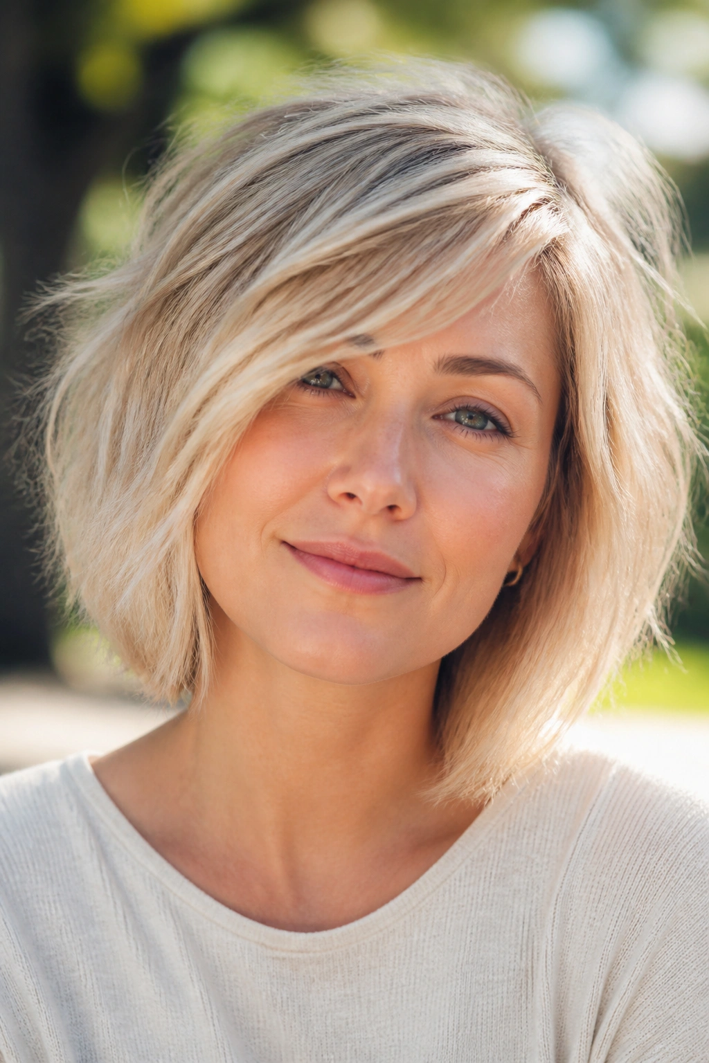 Close-up portrait of a real woman with tousled pearl blond bob and side-swept fringe.