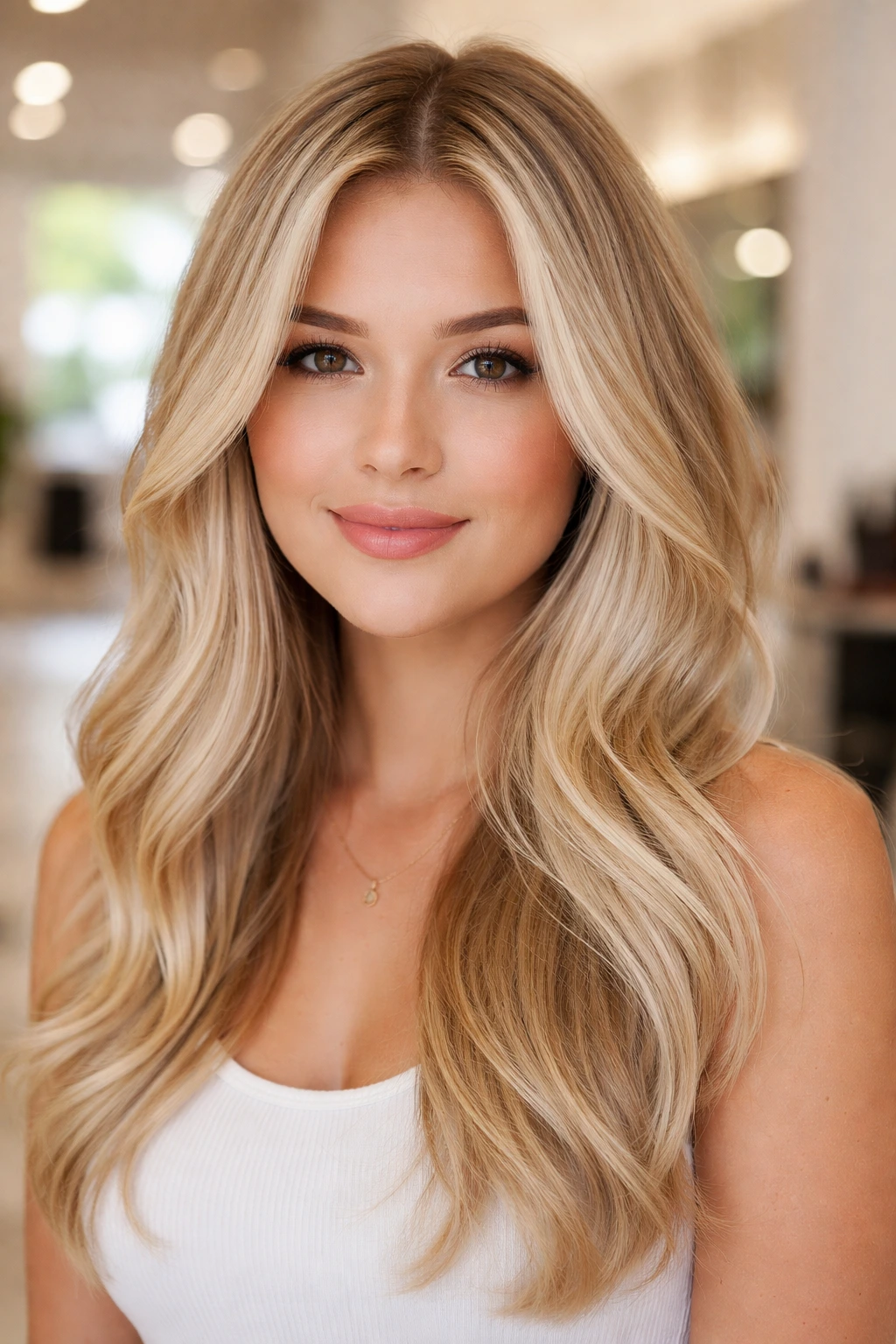 Close-up of a real woman with pearl blonde babylights softening the front hairline.