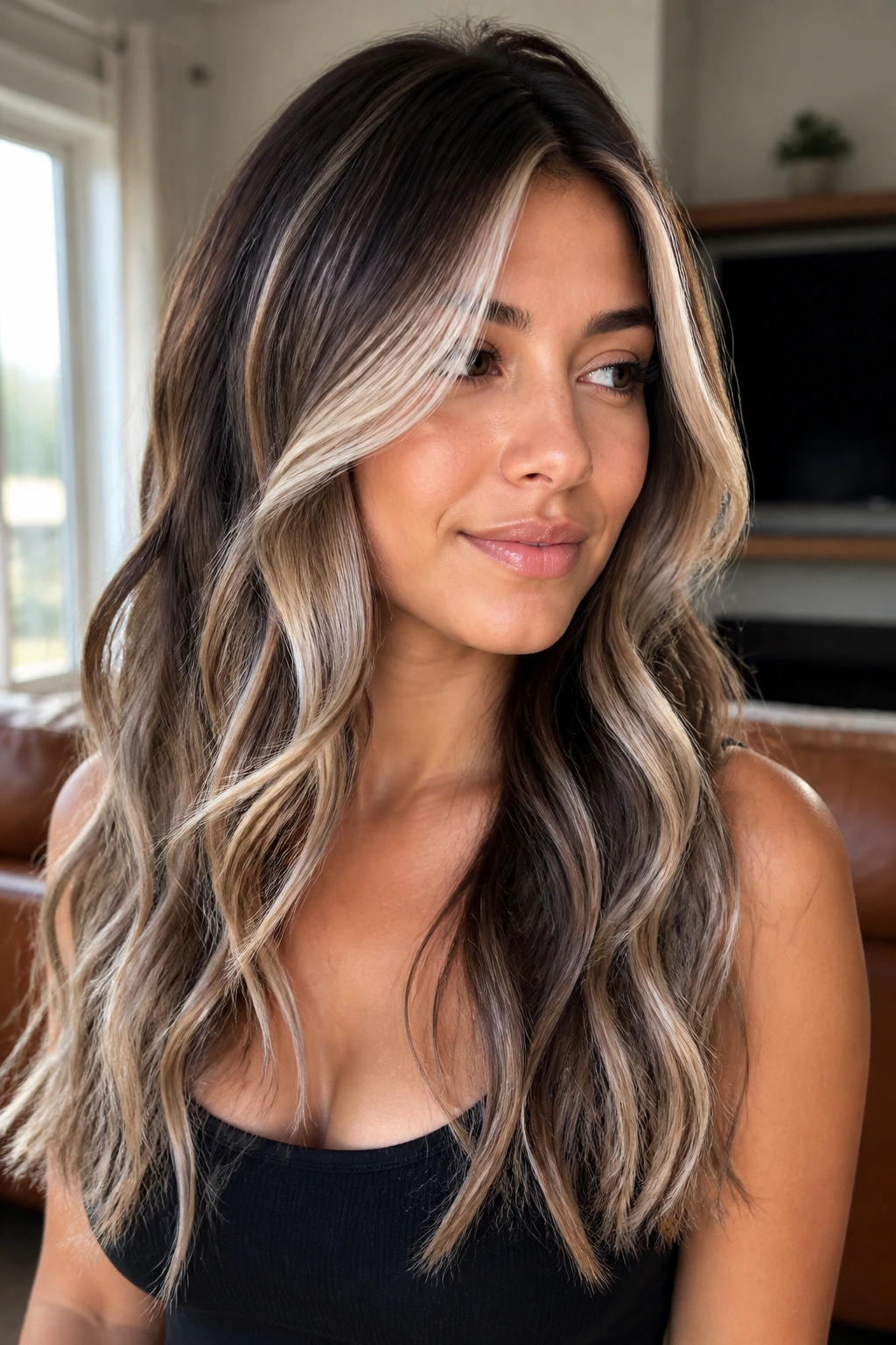 Close-up of pearl blonde balayage on dark chocolate hair.