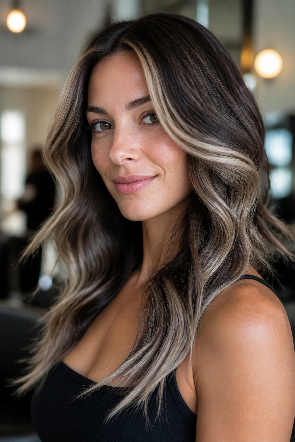 Close-up of espresso brown hair with pearl balayage in a portrait
