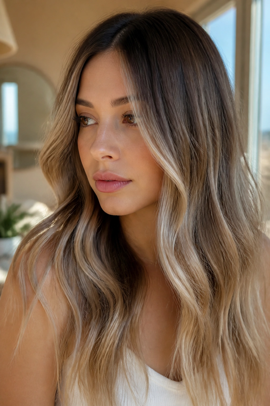 Close-up portrait of a real woman with pearl blonde balayage on natural brown lengths