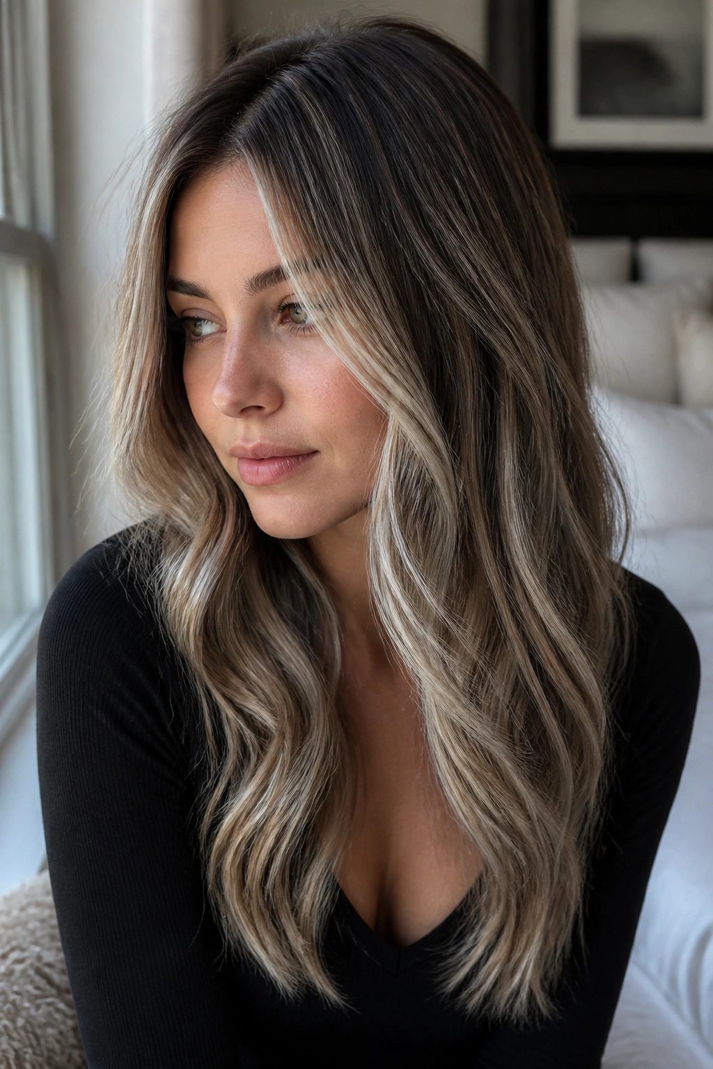 Portrait of a woman with pearl blonde balayage over smoked brunette base