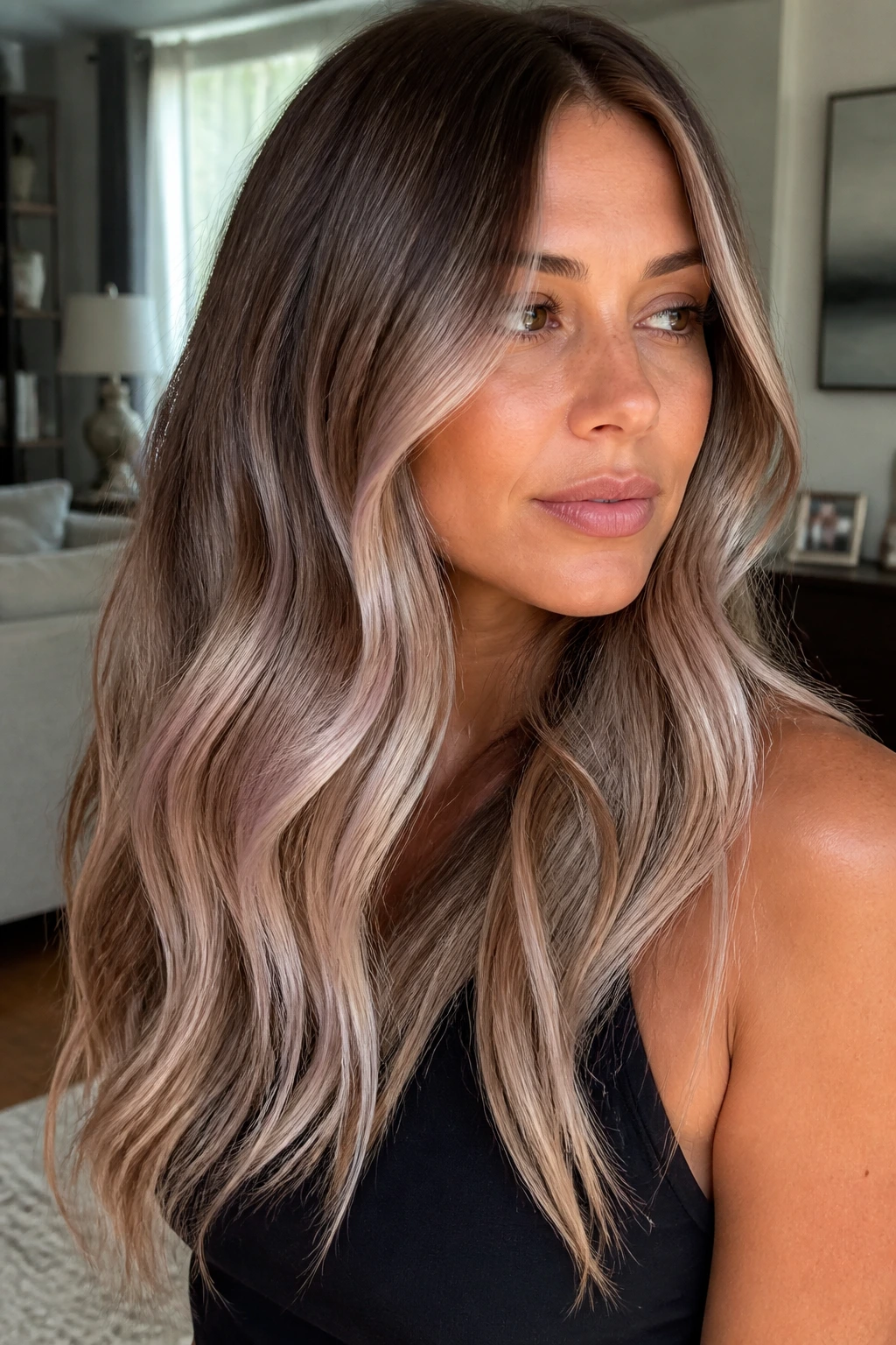 Close-up portrait of a real woman with pearl blonde balayage on warm brown hair in soft window light.