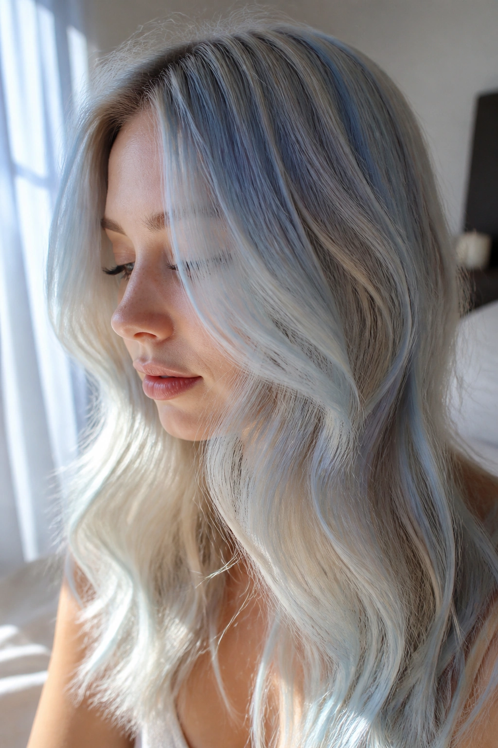 Close-up of a real person with pearl blonde hair and blue veil overlay.