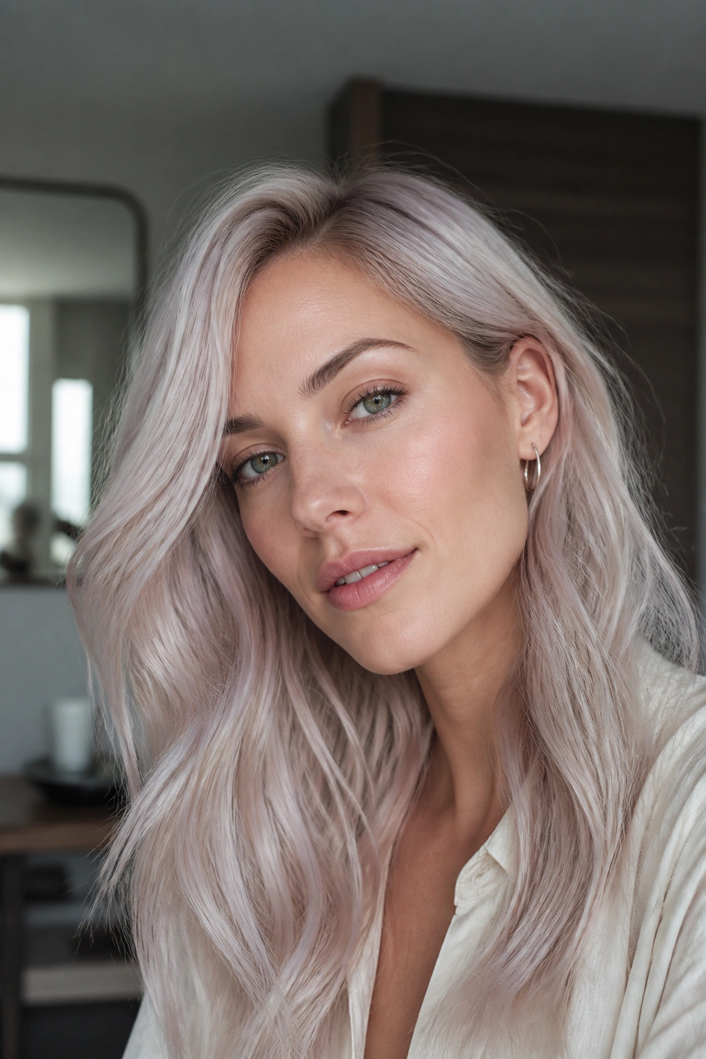 Portrait of a real person with pearl blonde hair in soft daylight.