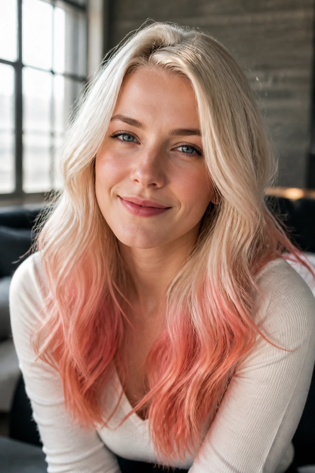 Close-up of a real woman with pearl blonde hair and coral-pink fade