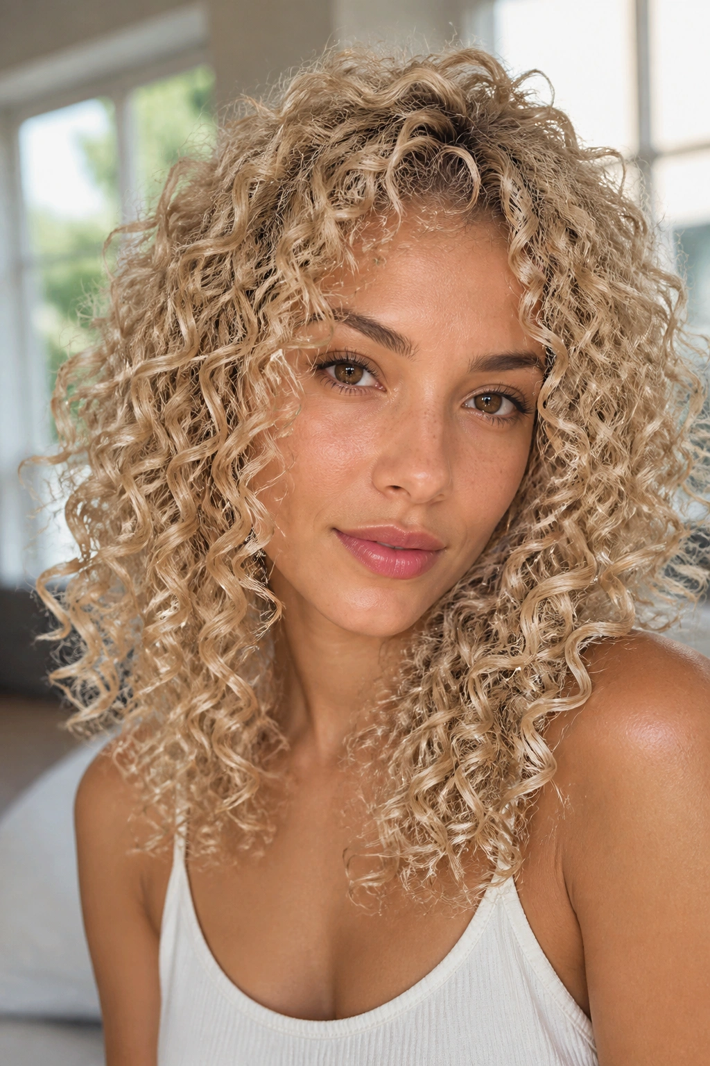 Close-up of a real person with defined corkscrew curls in pearl blonde.