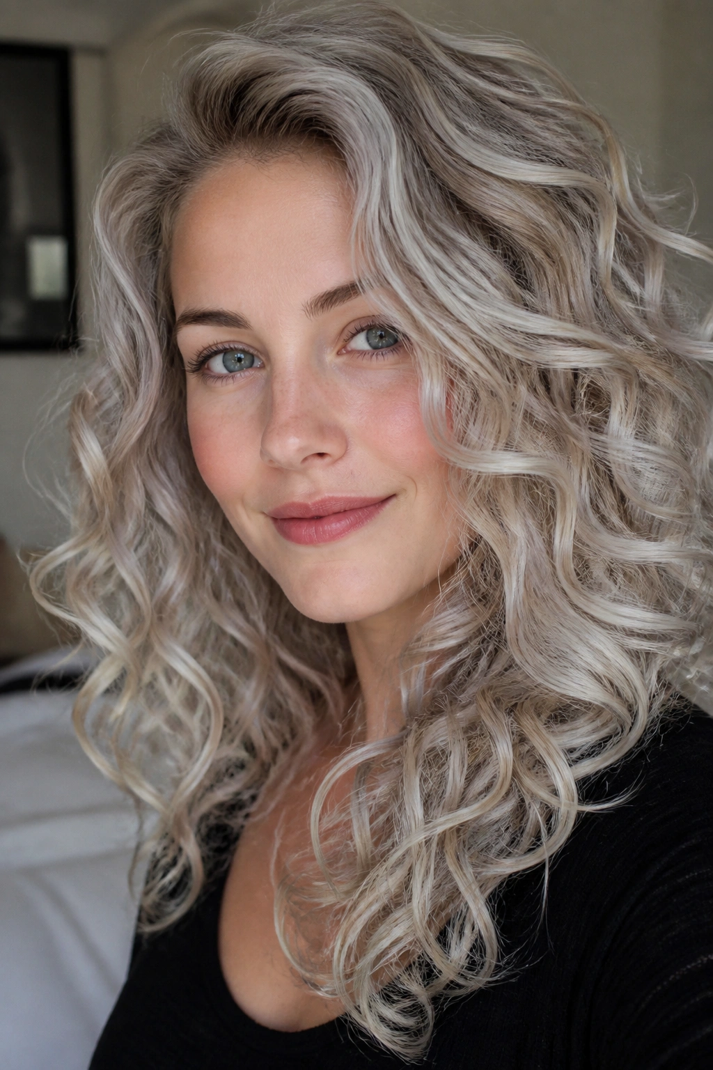 Close-up portrait of a woman with smoky pearl blonde curls in natural light