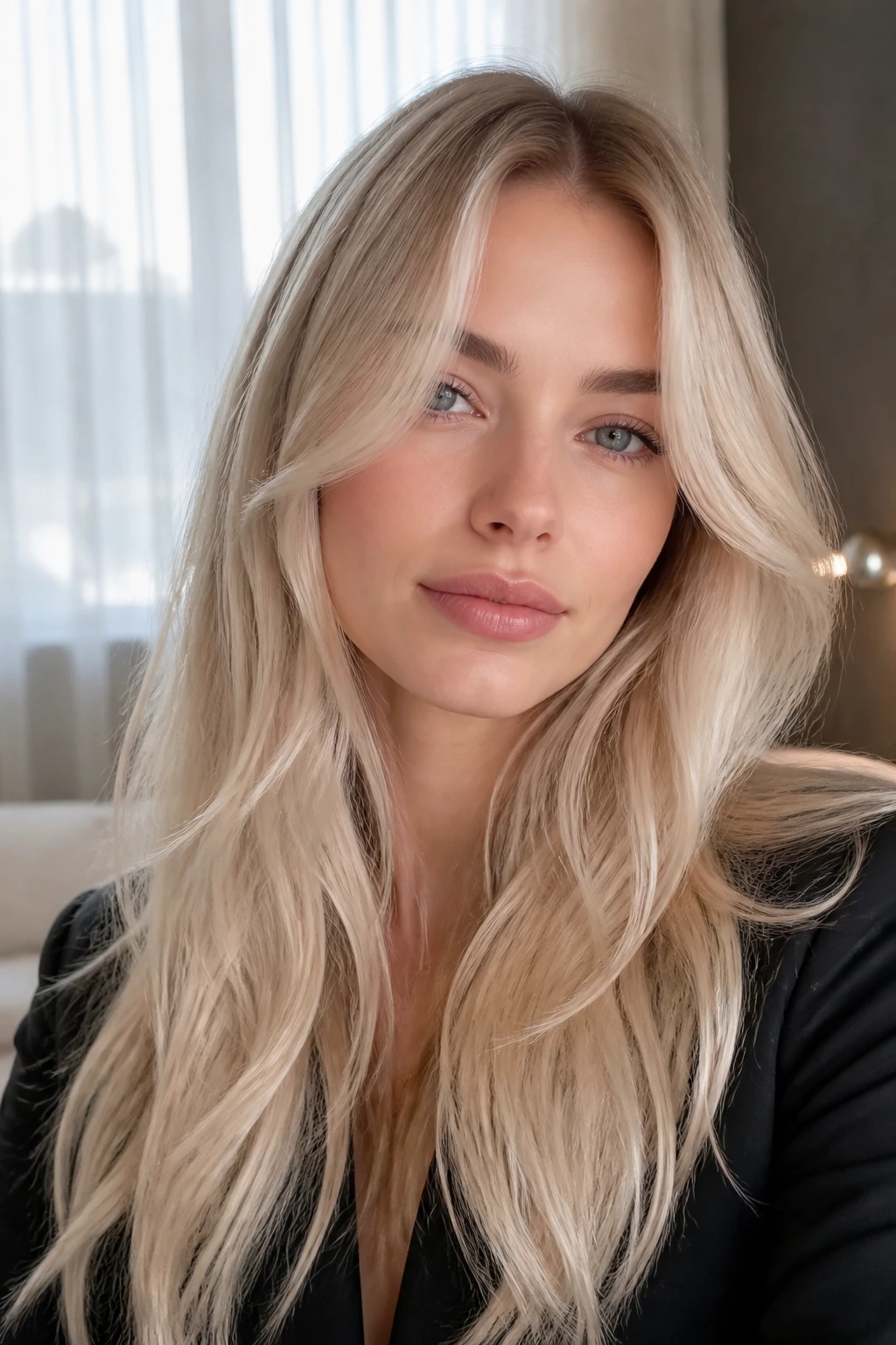 Close-up of a real woman with pearl blonde curtain layers and satin sheen