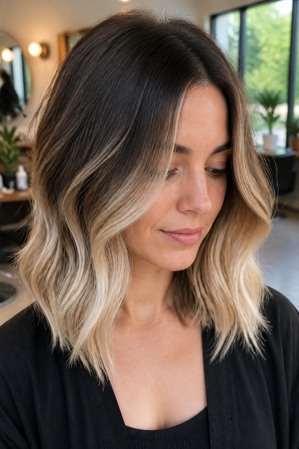 Close-up of brunette-to-pearl blonde ends on a real woman in a warm salon light