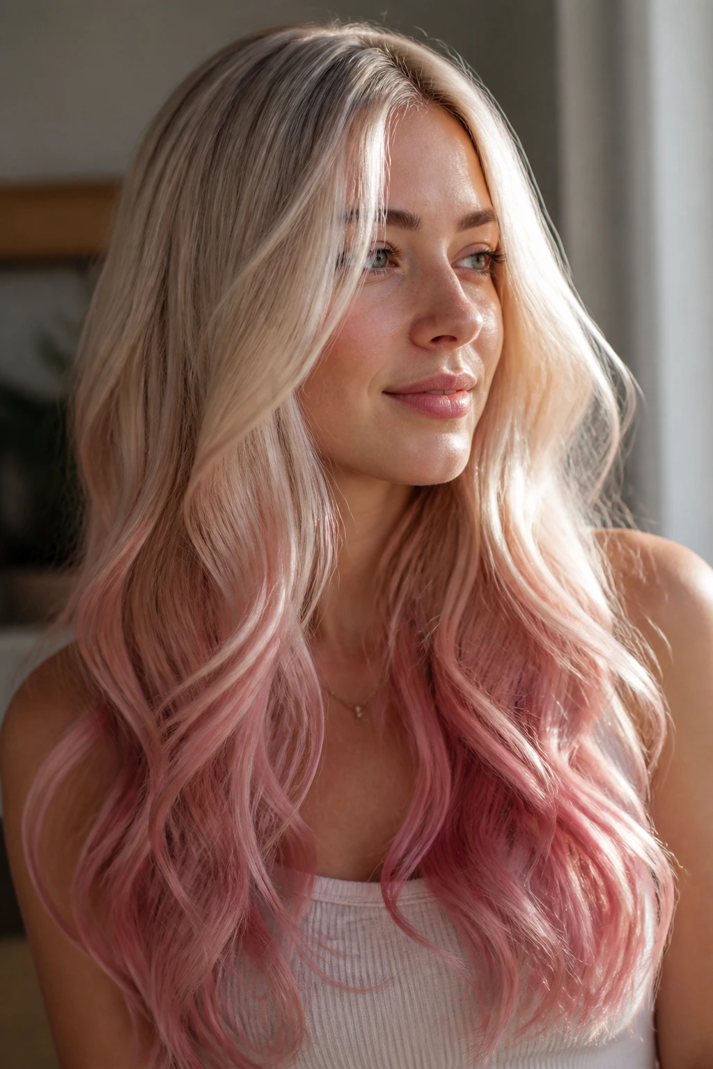 Close-up of a real person's long hair with pearl blonde and faded rose tips