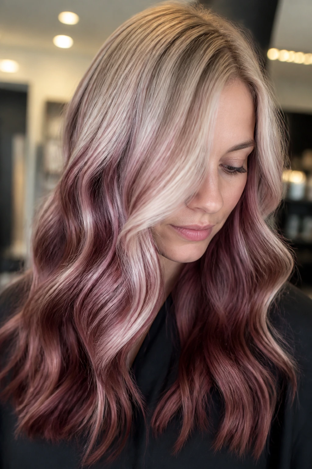 Close-up of a real woman with pearl blonde foilyage and burgundy veil