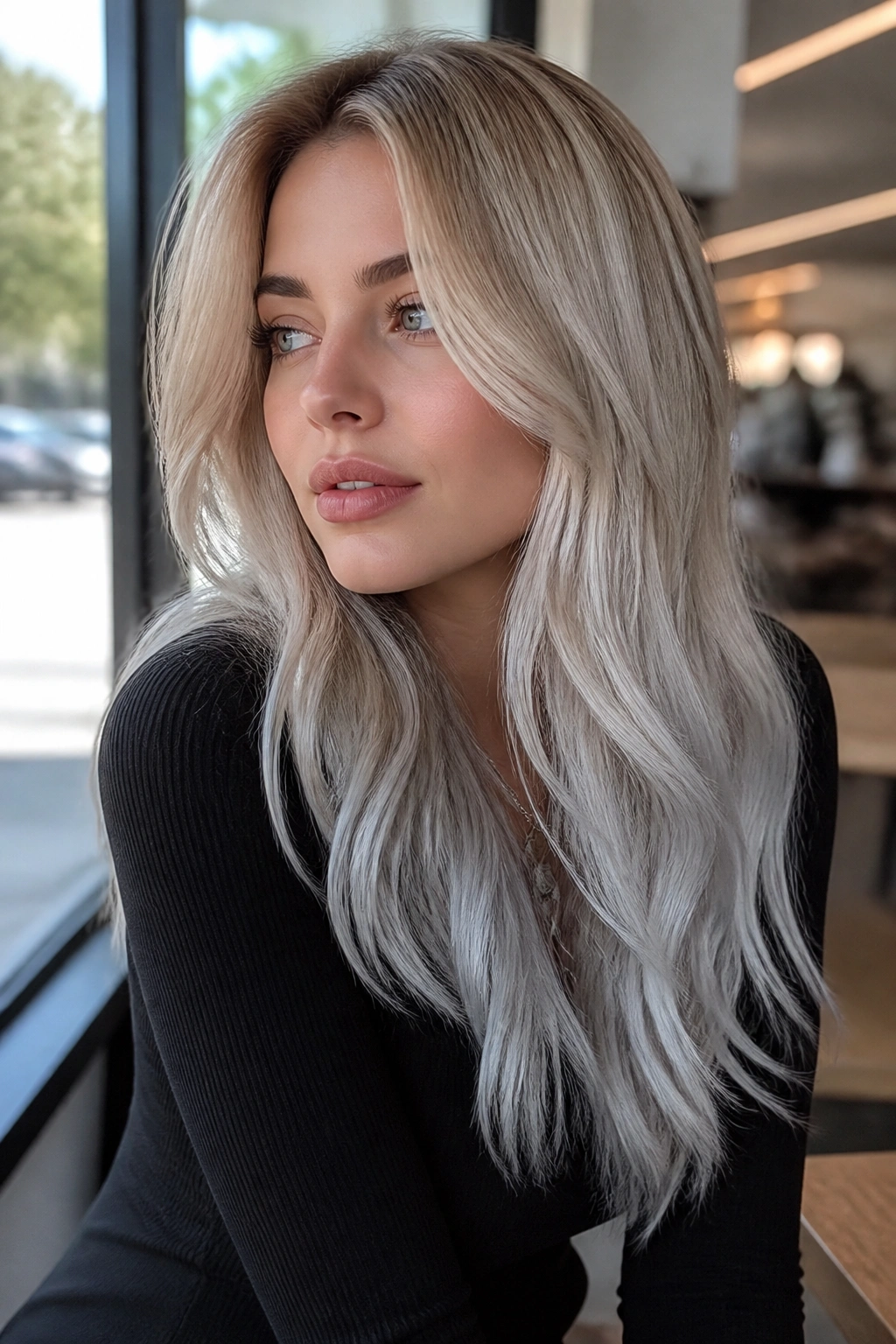 Medium close-up of pearl blonde fading to frosted silver on real person