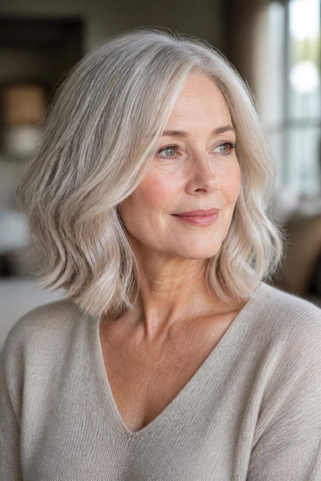 Woman with pearl blonde glaze on shoulder-length hair.