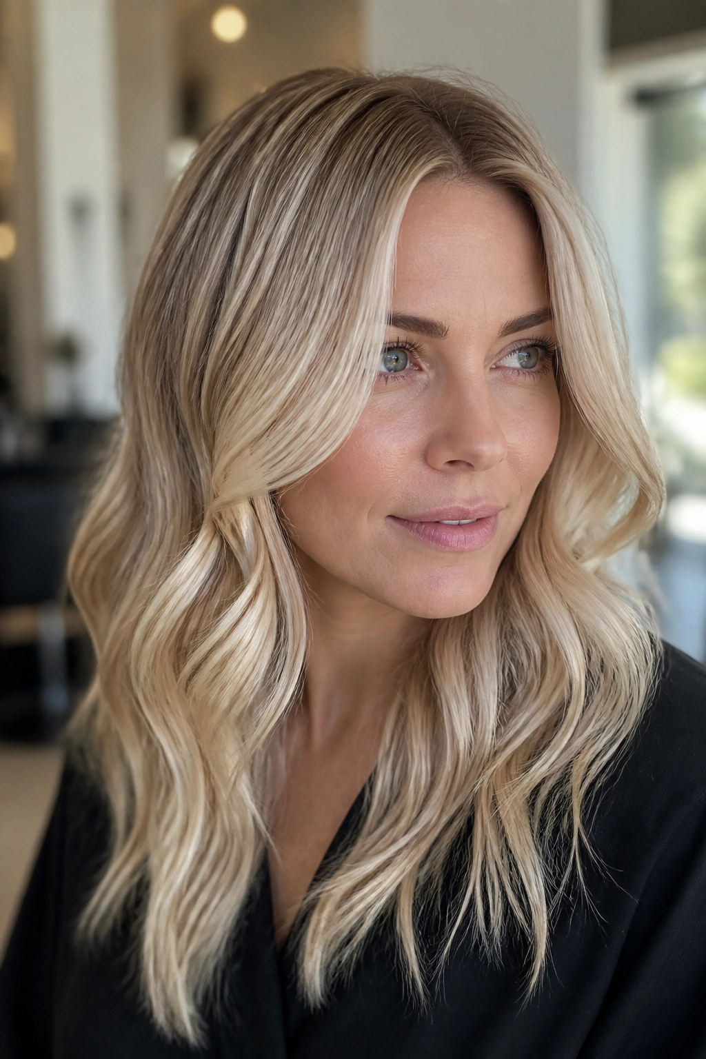 Close-up portrait of a real woman with pearl butter blonde hair and soft beige undertone