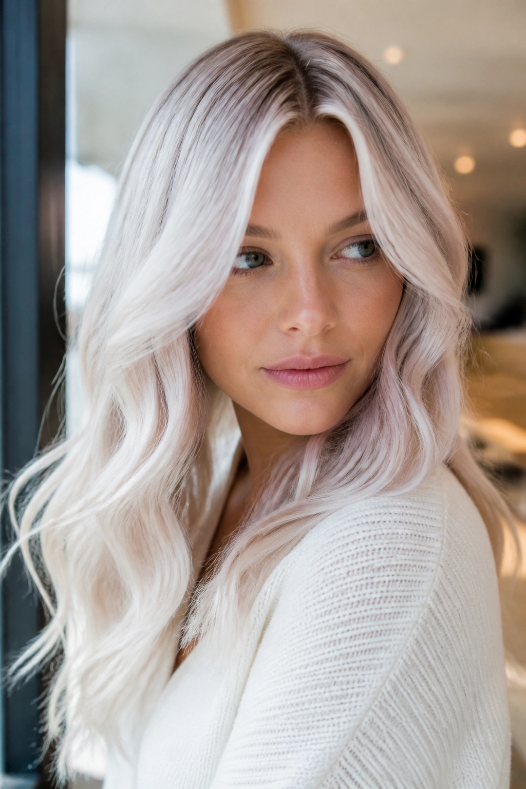 Portrait of a woman with pearl blonde hair in soft daylight