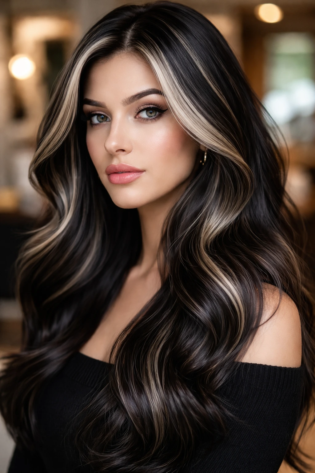 Close-up portrait of a woman with black hair and pearl blonde highlights, showing dimensional shine.