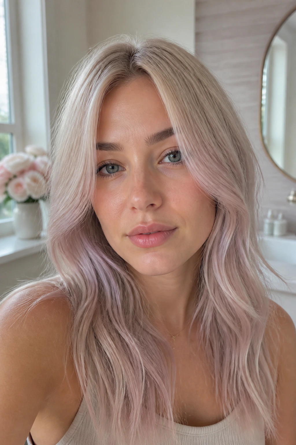Close-up of a real woman with pearl blonde and lilac toner under soft window light