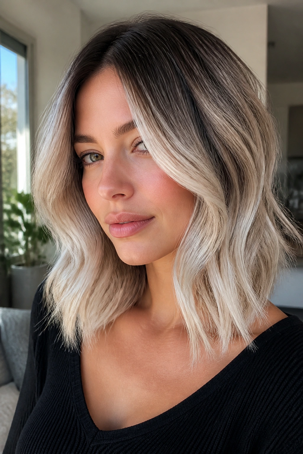 Woman with pearl blonde lob and soft root melt close-up