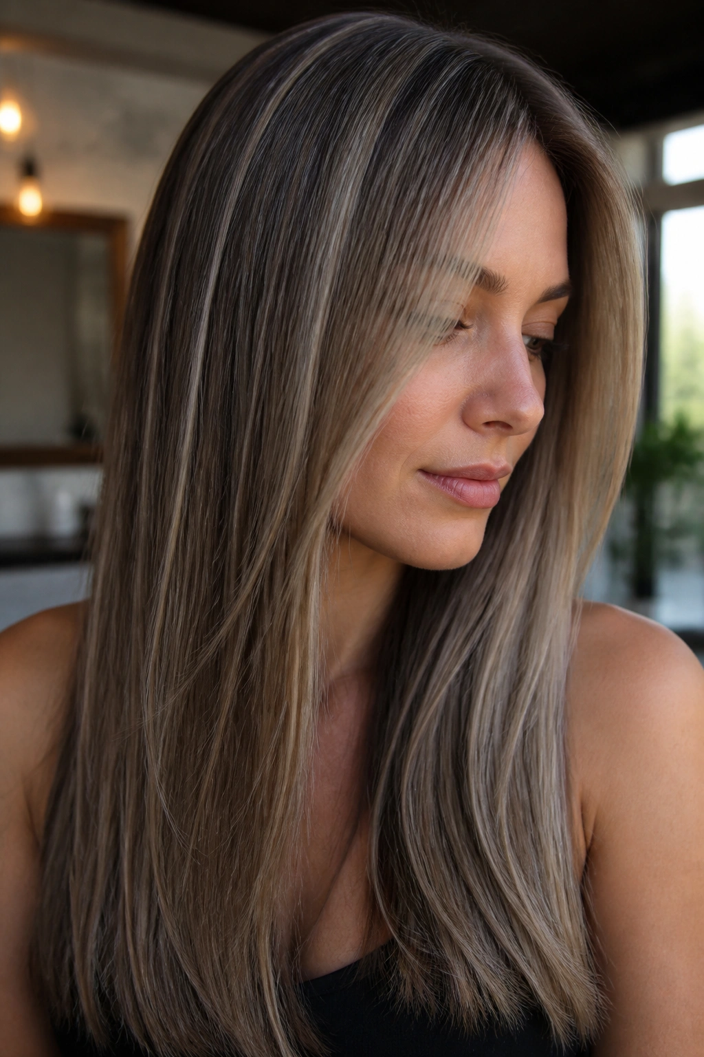 Portrait with pearl blonde micro-highlights over a darker base
