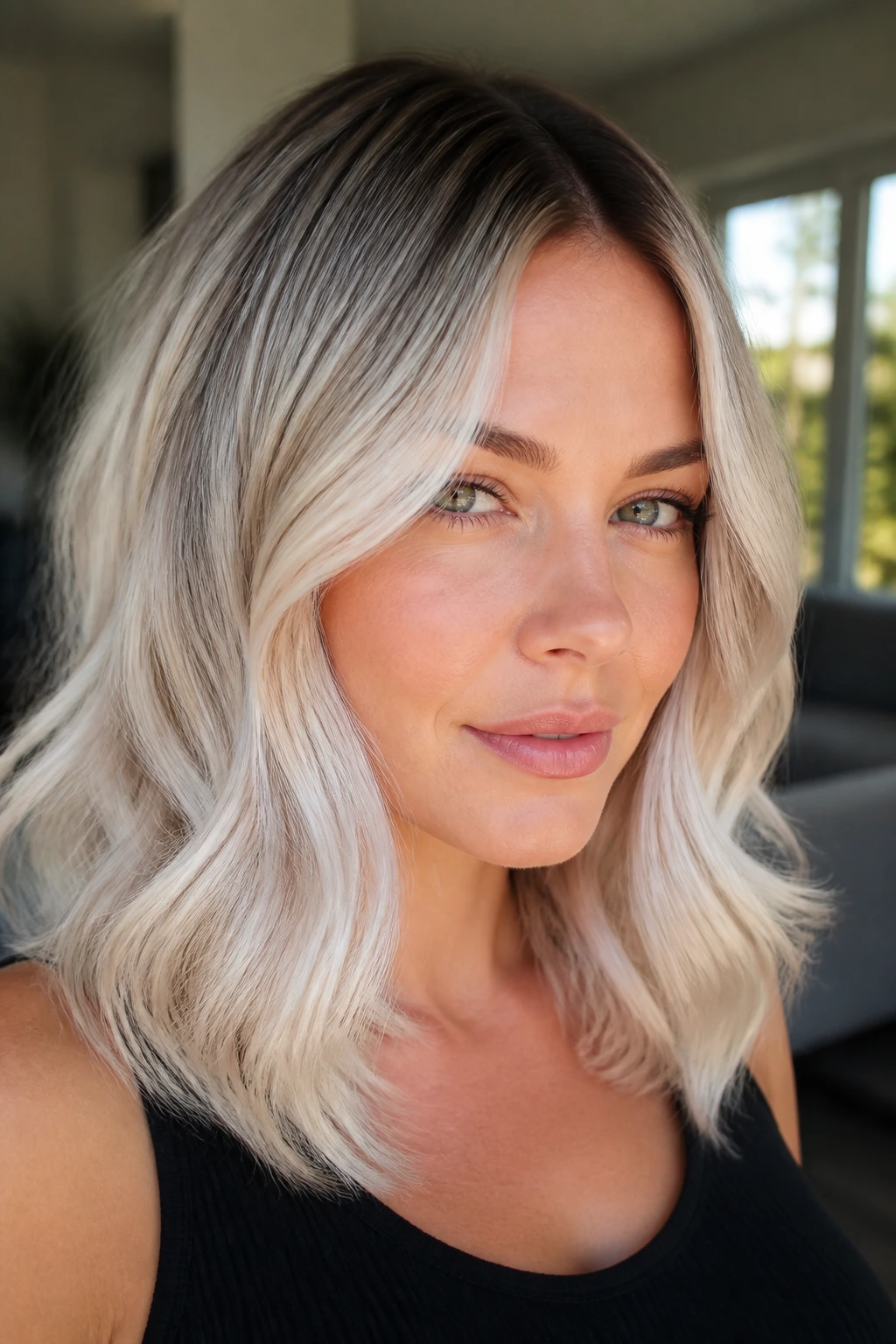 Real woman with shoulder-length pearl blonde ombré and soft waves.